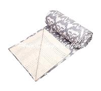 Stylo Culture Indian Kantha Bedding Single Grey Cotton Ikat Hand Stitched Blanket Bedding Bed Cover