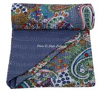 Stylo Culture Indian Kantha Bedspread Single Bed Grey Cotton Paisley Hand Stitched Blanket Bedding Throw Bed Cover