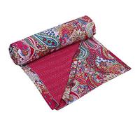 Stylo Culture Indian Kantha Bedspread Throw Double Magenta Cotton Paisley Hand Stitched Blanket Bedding Quilt Bed Cover Coverlet