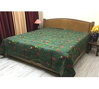 Stylo Culture Indian Kantha Cotton Bedspread Double Size Dark Green Cotton Bird Hand Stitched Blanket Bedding Quilt Bed Cover Coverlet