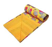Stylo Culture Indian Kantha Quilt Single Yellow Cotton Tropical Fruit Hand Stitched Blanket Bedding Throw Bed Cover