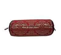 Stylo Culture Indian Polydupion Burgundy Maroon Tubular Bolster Pillow Cover Cylindrical Cylindrical Round Brocade Large Diwan Cylinder Pillow Roll Cases (1 Pc) | 30x15 Inches (76x38 cm)