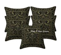 Stylo Culture Indian Scatter Cushion Covers Black Brocade Jacquard Elephant Cushion Covers 16 X 16 Square Traditional Peacock 40x40 cm Cushion Covers (Set of 5 Pcs)