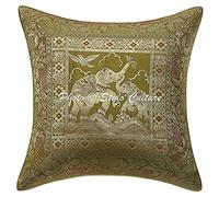 Stylo Culture Indian Throw Pillows For Beds Olive Brocade Jacquard Paisley Couch Cushion Cover Brocade Traditional 40x40 cm Elephant Square Cushion Covers (1 Pc)