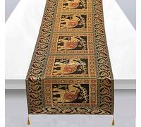 Stylo Culture Traditional Center Table Runner For Coffee Table Black Brocade Jacquard & Satin With Tassels Bohemian Elephant Floral Extra Long Indian Table Decor | 60x16 Inches (152 x 40 cm)