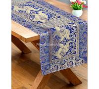 Stylo Culture Traditional Center Table Runner For Coffee Table Dark Blue Brocade Jacquard & Satin Bohemian Elephant Floral Extra Long Indian Table Decor | 60x16 Inches (152 x 40 cm)