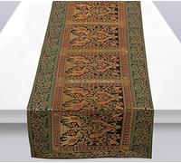 Stylo Culture Traditional Centre Table Runner For Dining Table Dark Green Brocade Jacquard & Satin Bohemian Elephant Peacock Extra Long Indian Table Decor | 60x16 Inches (152 x 40 cm)