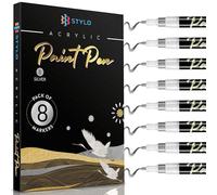 Stylo Metallic Acrylic Paint Pens - Silver (Pack of 8) Permanent Acrylic Markers for Christmas Cards, Glass, Ceramic, Rock Painting, Ideal for Arts and Crafts