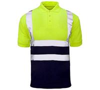 Stylo Online Hi Viz Vis High Visibility Polo Shirt Reflective Tape Safety Security Work Button T-Shirt Breathable Lightweight Double Tape Workwear Top (Yellow/Navy Short Sleeve, L)