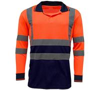 Stylo Online Hi Viz Vis High Visibility Polo Shirt Reflective Tape Safety Security Work Button T-Shirt Breathable Lightweight Double Tape Workwear Top (Orange/Navy Long Sleeve, M)