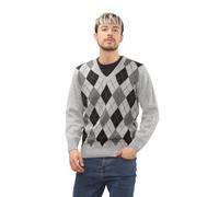 Stylo Online Mens Classic Argyle Knitted Jumper V-Neck Retro Sweater Warm Winter Pullover Lightweight Acrylic Knit Golf Casual Party Travel Knitwear Grey 2XL