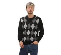 Stylo Online Mens Classic Argyle Knitted Jumper V-Neck Retro Sweater Warm Winter Pullover Lightweight Acrylic Knit Golf Casual Party Travel Knitwear Black 2XL