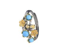 Stylomira RTT Jewelry 925 Sterling Silver Gold-Plated Adjustable Ring with Turquoise and Dainty Floral Design, Bohemian Vintage Style Statement Ring for Women
