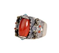 Stylomira RTT Jewelry 925 Sterling Silver Spinner Ring with Red Agate Inlay, Tibetan Vintage Style Anxiety Relief Rotatable Fidget Ring for Men and Women, Meditation Jewelry