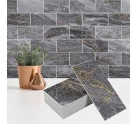 StyloVue 100 Pieces Peel and Stick Backsplash for Kitchen, 3" x 6" PVC Subway Tile 2026 Upgraded Gray-Gold Stone Backsplash Stick on Tile Elevate Kitchen Fireplace RV