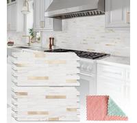 StyloVue 20 Sheets Peel and Stick Backsplash for Kitchen, Pearl White Sandstone with Metal Gold Look Stick on Tile Upgrade Your Kitchen Backsplash, RV, Fireplace