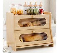 Stylstoreazy Large Bread Bin for Kitchen,Two Tier Bamboo Bread Box,Bread Storage Containers,Storage Box for Kitchen Countertop with Stiped Window,Natural