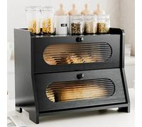 Stylstoreazy Large Bread Bin for Kitchen,Two Tier Bamboo Bread Box,Bread Storage Containers,Storage Box for Kitchen Countertop with Stiped Window,Black