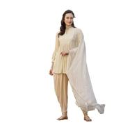 Stylum Women's Embroidered & Decorated Rayon Pleated Kurti with Dhoti Trousers & Dupatta, cream-coloured, XS