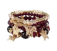 STYUKIMO Fashion jewelry multi-layer elastic bracelet set, Bohemian style, crystal beads, butterfly anchor elephant pendant, black, red, and gold, One Size Fits Most Wrists, Glass crystal beads, liu