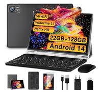 SUAAT Newest Android Tablet 14 10 Pollici 22GB RAM+128GB ROM (1TB TF), 8000 mAh, Octa-Core, 2.0Ghz, WiFi5G+2.4G, GPS, 8MP + 5MP, Bluetooth 5.0, OTG, Cast, Tablet PC Con Custodia, Tastiera e Mouse,