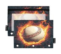 SUABO Baseball Flame Pencil Pouch for 3 Ring Binder, 2 PCS Fire Binder Pencil Pouch with Zipper, Clear Window Zipper Pencil Case Pencil Bags for Office Supplies