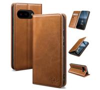 SUANDUCK for Google Pixel 9A Flip Case Magnetic Leather, RFID Blocking Card Slot, Adjustable Holder, 360° Anti-Anxiety Protection, Compatible with Pixel 9A, Light Brown