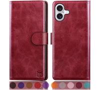 SUANPOT compatible with iPhone 16 6.1" case with [Credit Card Holder][RFID Blocking],PU Leather Flip Book Protective Cover Women Men for Apple 16 Phone case Red