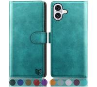SUANPOT compatible with iPhone 16 Plus 6.7" case with [Credit Card Holder][RFID Blocking],PU Leather Flip Book Protective Cover Women Men for Apple 16 Plus Phone case Blue Green