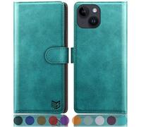 SUANPOT design for iPhone 15 Plus 6.7 inch case with [Credit Card Holder][RFID Blocking],PU Leather Flip Book Protective Cover Women Men for Apple 15 Plus Phone case Blue Green