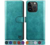 SUANPOT design for iPhone 15 Pro 6.1 inch case with [Credit Card Holder][RFID Blocking],PU Leather Flip Book Protective Cover Women Men for Apple 15 Pro Phone case Blue Green