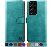 SUANPOT for Samsung Galaxy S21 Ultra case with [Credit Card Holder][RFID Blocking],PU Leather Flip Book Protective Cover Women Men for Samsung S21 Ultra Phone case blue Green