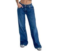 suanret Women's Jeans Boyfriend Denim Pants Straight Wide Leg Low Rise Baggy Jeans Casual Loose Trousers Jeans (UK, Alpha, S, Regular, Regular, Navy Blue)