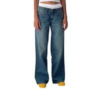 suanret Women's Jeans Boyfriend Denim Pants Straight Wide Leg Low Rise Baggy Jeans Casual Loose Trousers Jeans (UK, Alpha, M, Regular, Regular, Blue)