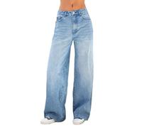 suanret Women's Jeans Boyfriend Denim Pants Straight Wide Leg Low Rise Baggy Jeans Casual Loose Trousers Jeans (UK, Alpha, L, Regular, Regular, Bluish)