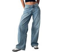 suanret Women's Jeans Boyfriend Denim Pants Straight Wide Leg Low Rise Baggy Jeans Casual Loose Trousers Jeans (UK, Alpha, S, Regular, Regular, Light Blue)