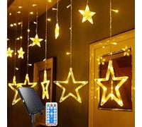 SUAVER 138LED Solar Star String Light, Christmas Curtain Lights Decoration 12 Stars Fairy Lights Hanging Window Lights with Remote for New Year Porch Bedroom Wall Decor (Warm White)