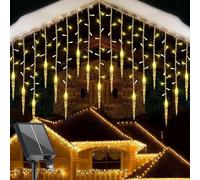 SUAVER Solar Icicle Lights Christmas Decorations with 19 Drops 96LED Hanging Lights Remote Control Outdoor Waterproof Dimmable 8 Modes Twinkle Curtain Light for Eaves Balcony Patio (Warm White)