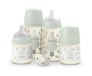 Suavinex, Newborn Baby Bottle Set Gift Set Contains: 2 Bottles 270ml + 2 Bottles 150ml + 0 to 6 Months Pacifier Physiological SX Pro Silicone Teats 5 Pcs +0M Birdies Green