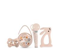Suavinex, Newborn gift, baby gift set with: Pacifier with symmetrical teat SX Pro 0-6 months + dummy chain + dummy box + silicone teething ring (4 pcs) Wonderland, Pink