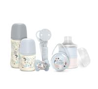 Suavinex, Newborn Gift Set Anti-Colic Bottles 150 ml and 270 ml + Dummy 0/6 Months with Symmetrical Nipple SX Pro + Milk Dispenser + Pacifier Clip + Dummy Box Wonderland Blue