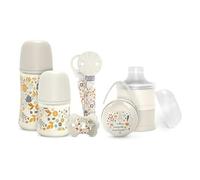 Suavinex, Newborn Gift Set Anti-Colic Bottles 150 ml and 270 ml + Dummy 0/6 Months with Symmetrical Nipple SX Pro + Milk Dispenser + Pacifier Clip + Dummy Box Wonderland Beige