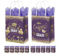 Subacy 12 Pack 2026 Graduation Gift Bags with Tissue Paper Bulk Grad Party Treat Bag with Handles for High School, College, Kindergarten, 8th Grade(Purple)