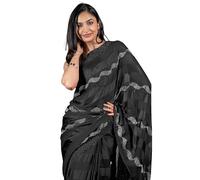 Subham Women's Silk Stone Work Farewell Plain Saree with Blouse Piece | Scalloped Cut Work Border, Black, One size