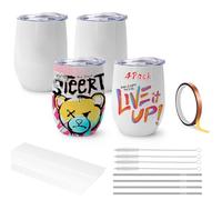 Sublimation Blank Tumbler, 4 Pack, 12 oz Wide Mouth Stainless Steel Water Bottle, with Lid and Straw, Shrink Wrap, Individually Boxed, Blank White, Adhesive Tape