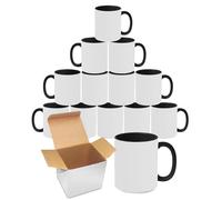Sublimation Mugs | 11oz Blank Coloured Handle and Inner Cup with Box | Coffee Mug for Heat Press & DIY Printing | Durable Ceramic Plain Mugs for Tea, Latte, Hot Drinks & Gift | Black Pack of 12