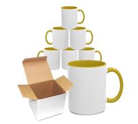 Sublimation Mugs 11oz Blank with Coloured Large Handle & Inner with Box | Durable, Ceramic Orca Finished Mugs Perfect for Custom & DIY Printing, for Loved Ones | Yellow Bulk Pack of 6