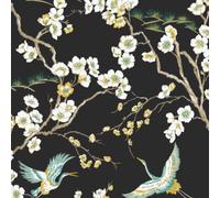 Graham & Brown Sublime Black Japan Floral and Fauna Tropical Wallpaper | Paste The Wall Application | Black Floral