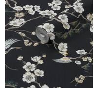 Sublime Japan Black & Green Metallic Effect Floral Smooth Wallpaper
