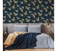 Sublime Kranes Floral Petrol Blue Wallpaper In White White